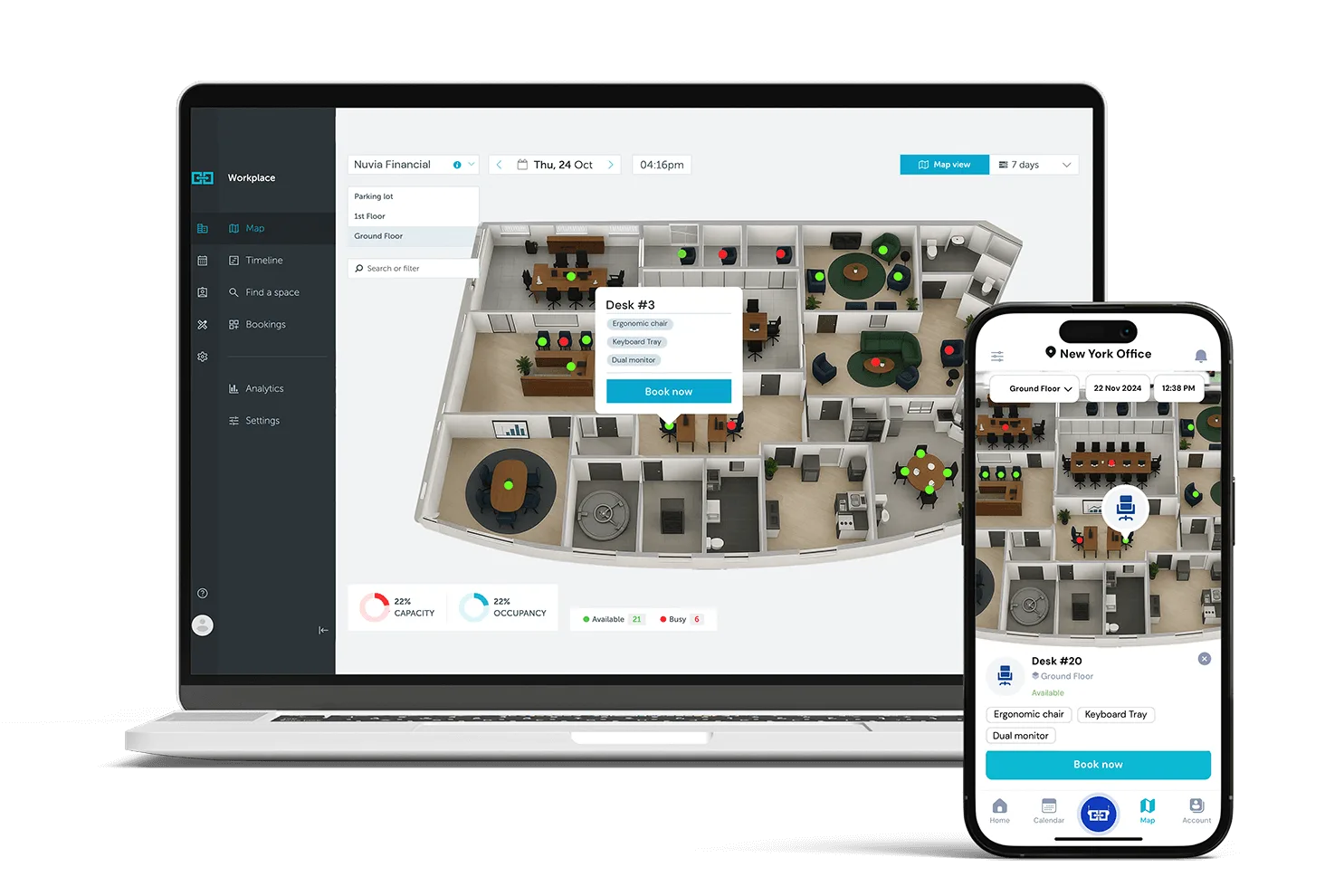 YAROOMS workplace management platform for banking and finance - desk booking, room booking, and hybrid work on mobile and desktop