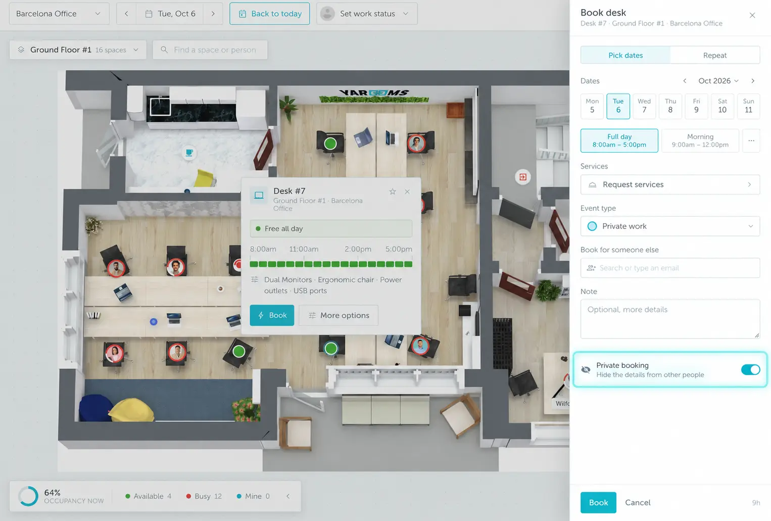 Private booking settings in YAROOMS desk booking for financial institutions