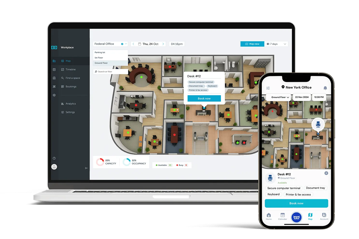 YAROOMS workplace management for government - desk and room booking on desktop and mobile