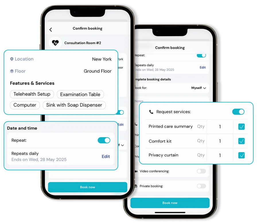 Room and resource booking for healthcare - consultation room and scheduling on desktop and mobile