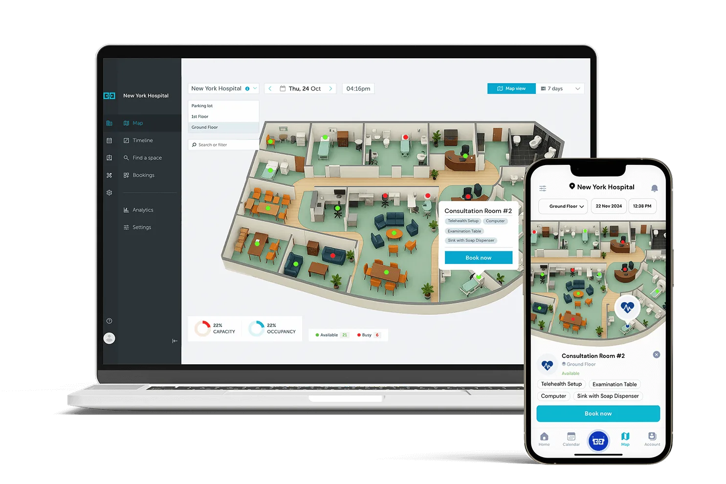 YAROOMS workplace management for healthcare - room and lab booking, floor plans, and scheduling on desktop and mobile