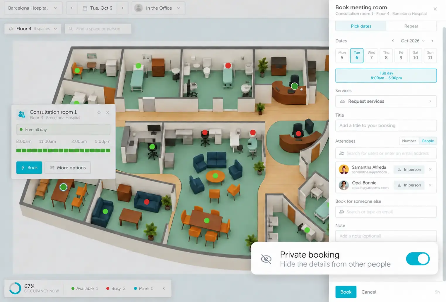 YAROOMS hospital room booking with an enlarged private booking control to hide meeting details