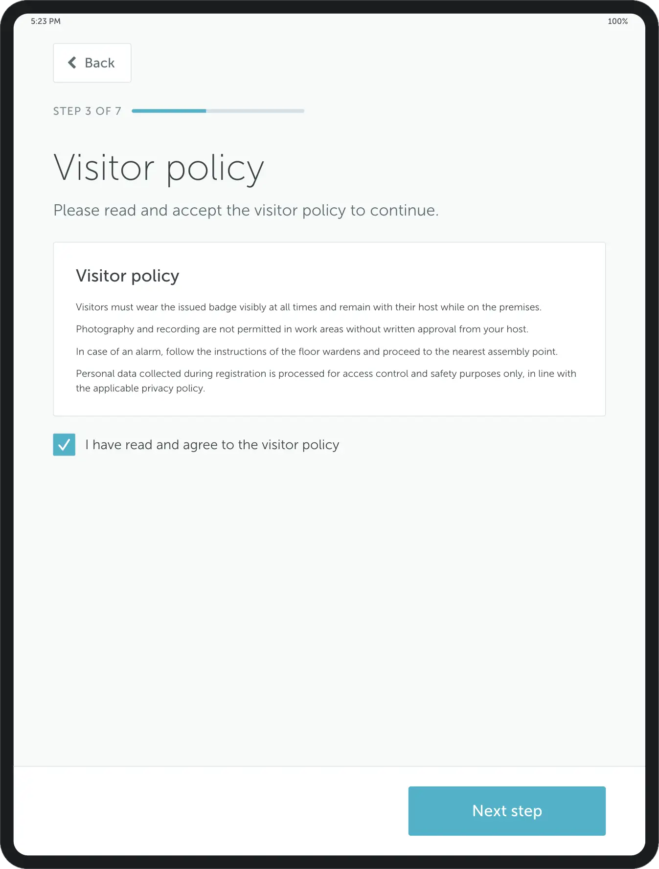 Checkbox agreement