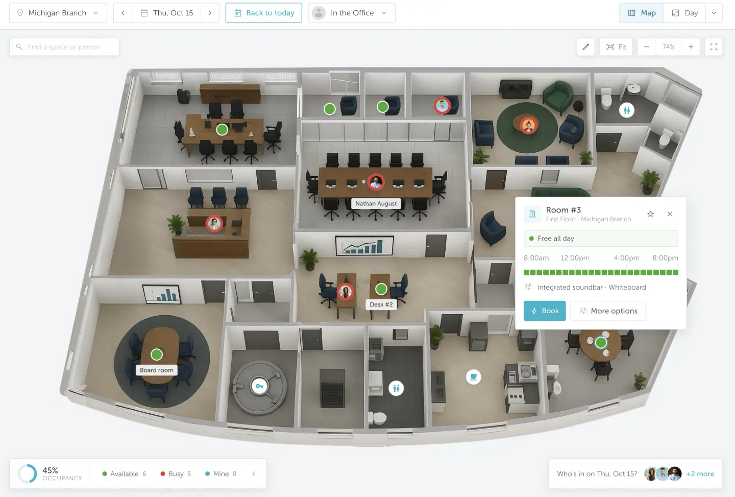 YAROOMS interactive office map showing colleagues, amenities and an available meeting room with a Book button
