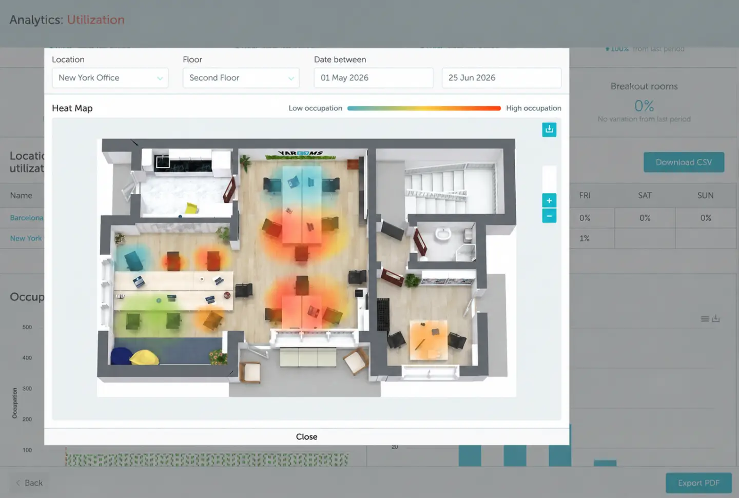 YAROOMS office heatmap showing desk usage by zone on a floor plan