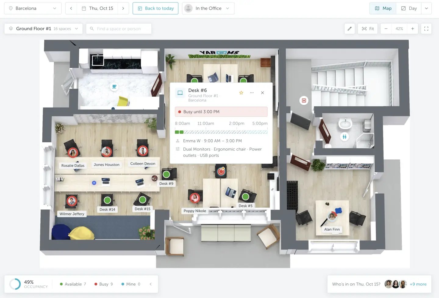 YAROOMS office map with desk availability, colleague locations and a desk booking details panel