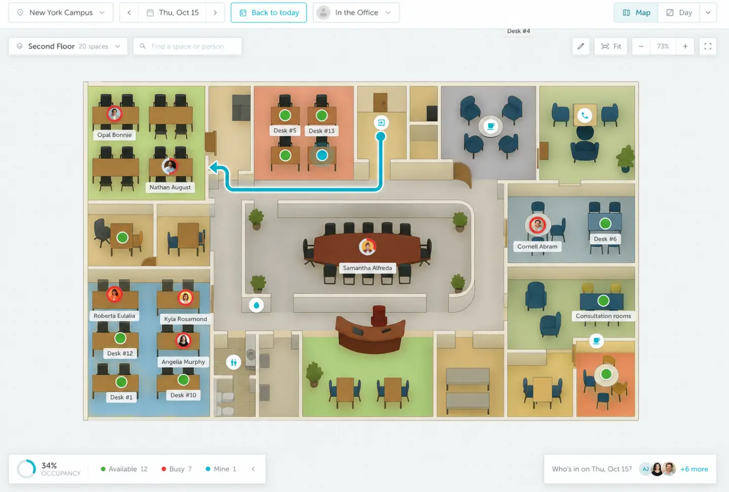 Illustrated wayfinding route from the office exit to a room on a YAROOMS floor map