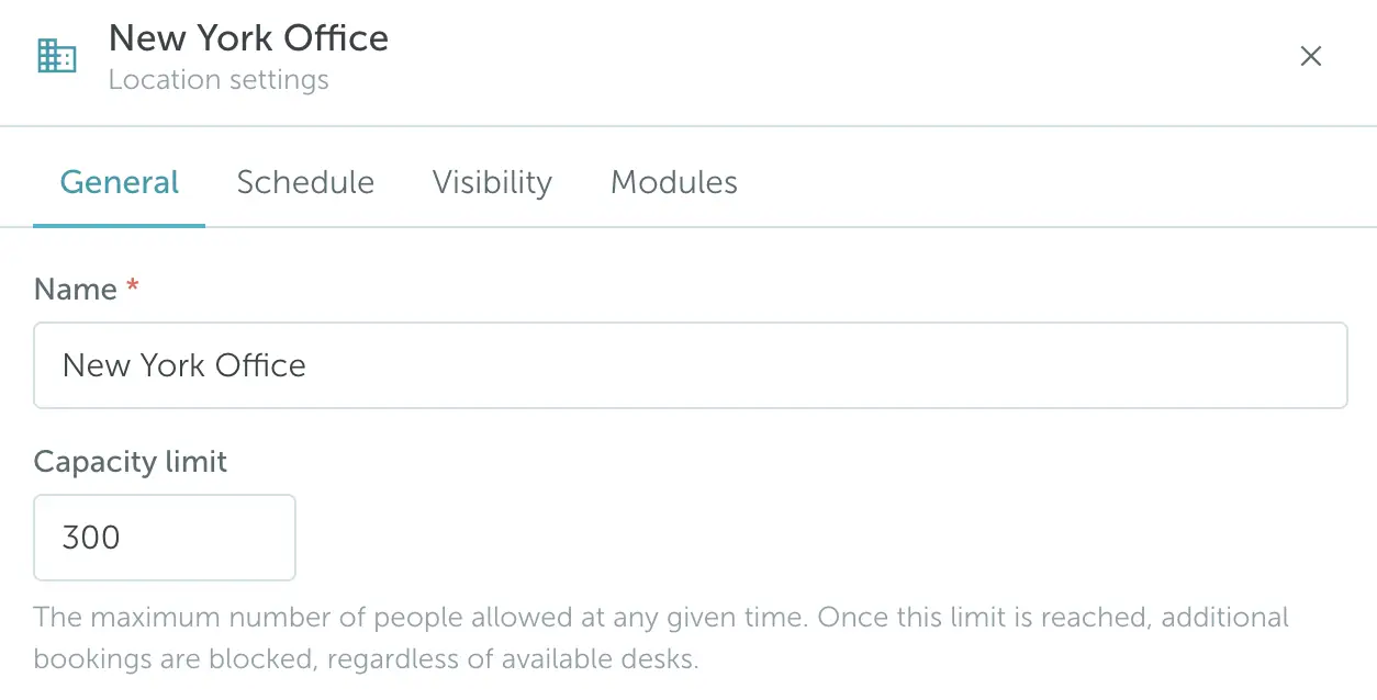 YAROOMS location settings showing a capacity limit
