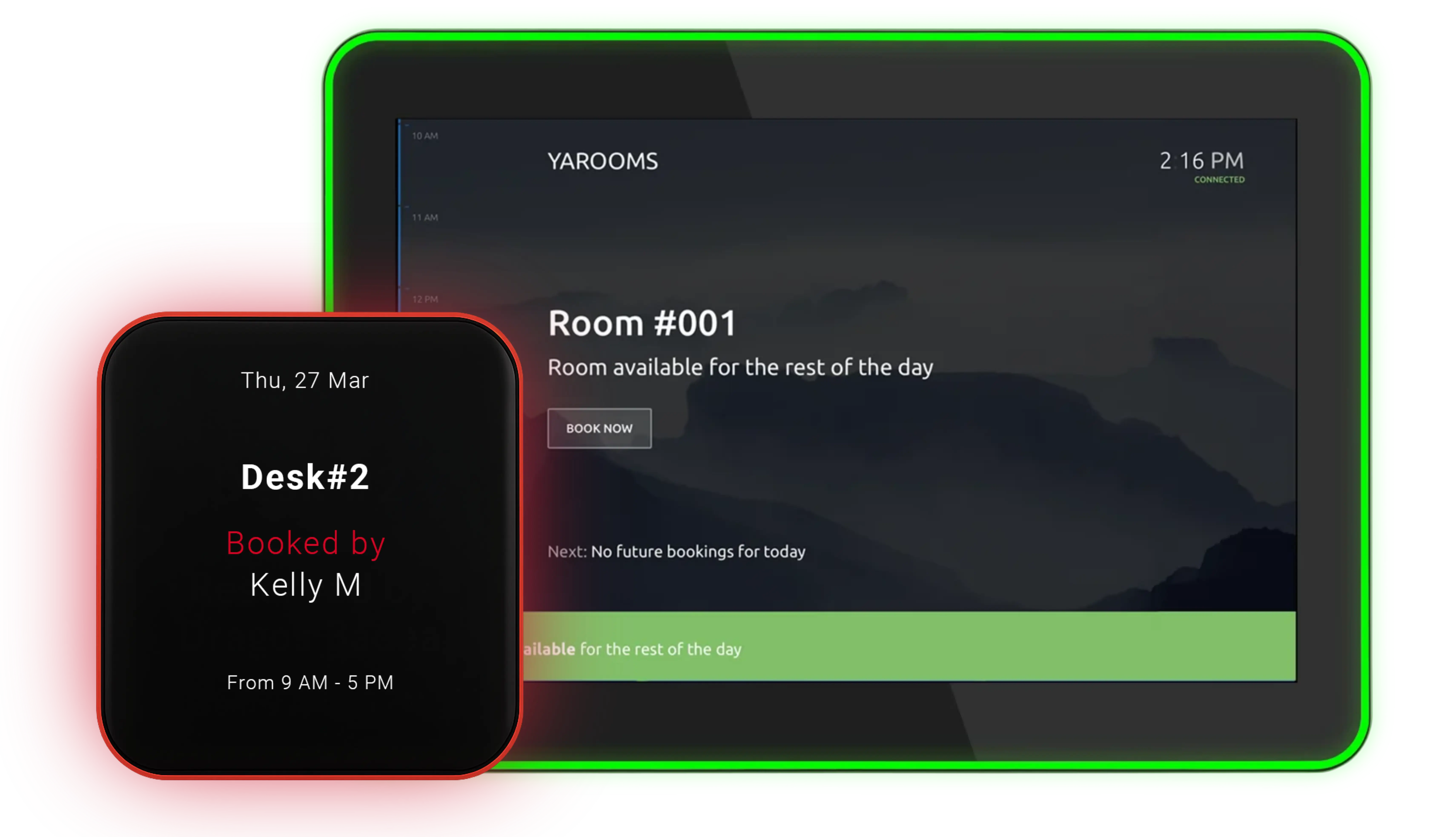 YAROOMS room panel and desk sign devices showing space availability