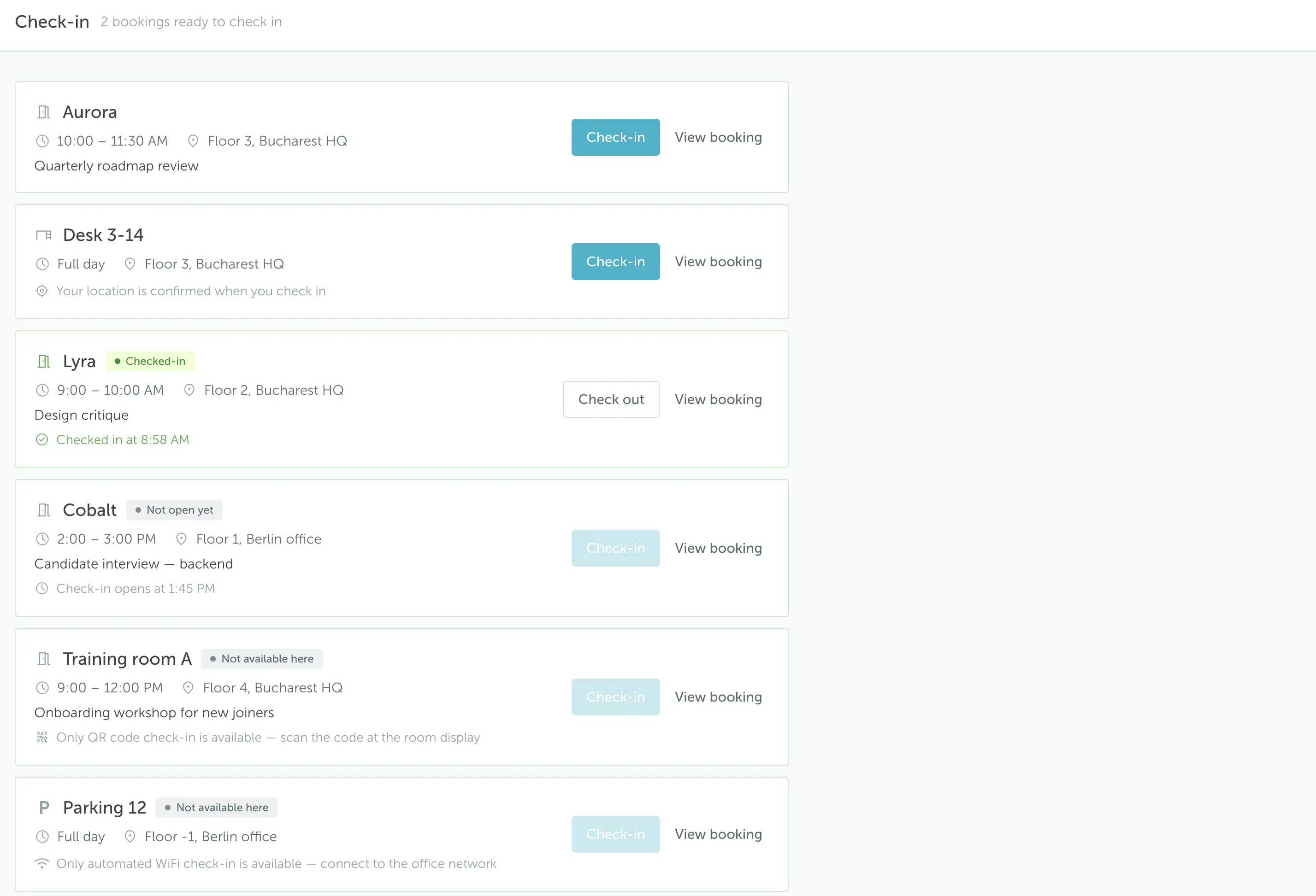 YAROOMS check-in page showing upcoming desk and room bookings and a confirmed check-in