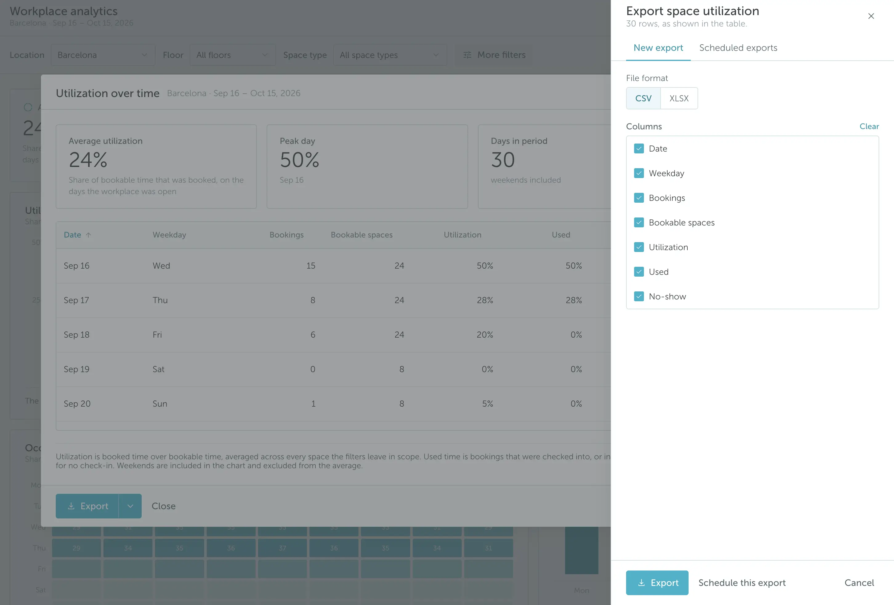 YAROOMS export panel with CSV and XLSX formats, column selection and scheduled exports