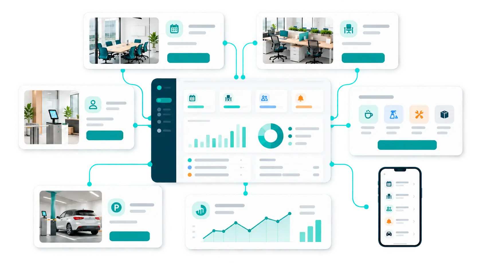 Connected workplace platform illustration showing rooms, desks, visitors, services and analytics